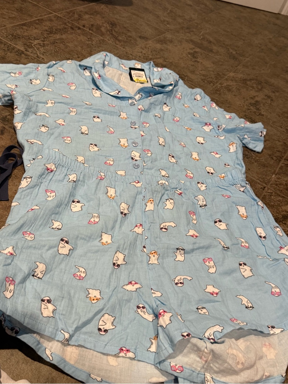 🥗 Light Blue linen Ghost Print Halloween Pajama Set
